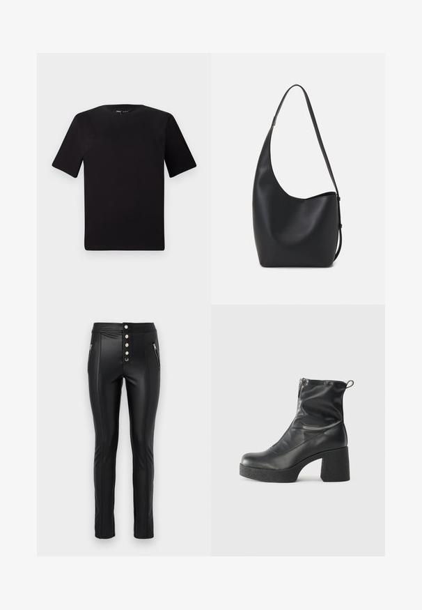 Czarna koszulka z krótkim rękawem o okrągłym dekolcie, wykonana z miękkiej bawełny. Prosty design, bez widocznych logo ani wzorów.; Czarne spodnie z ekologicznej skóry z wysokim stanem, pięcioma metalowymi guzikami, zapinanymi kieszeniami po bokach i dopasowanym krojem. Posiadają widoczne detale szycia.; Czarne botki za kostkę wykonane z gładkiej skóry, wyposażone w boczny zamek błyskawiczny, masywny teksturowany obcas oraz zaokrąglony czubek.; Czarna skórzana torba hobo o gładkiej fakturze, zaokrąglonym kształcie i pojedynczym, regulowanym pasku; posiada szerokie otwarcie na górze.
