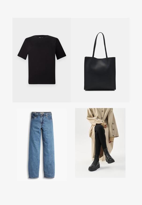 Crna majica kratkih rukava s okruglim izrezom, izrađena od mekane pamučne tkanine. Jednostavan dizajn, bez vidljivih logotipa ili uzoraka.; Svijetloplave traperice ravnog kroja, sa pet džepova, vidljivim šavovima i blagim izblijedjelim izgledom. Standardno zatvaranje na gumb i patentni zatvarač.; Crne kožne gležnjače s detaljima vezanja, podignutom platformom, i teksturiranim crnim tajicama, nosi se uz svijetlu bež trench kapu.; Crna kožna torba za nošenje s glatkom teksturom, pravokutnim oblikom i dvije duge ručke. Nema vidljivih metalnih dijelova ili ukrasa.