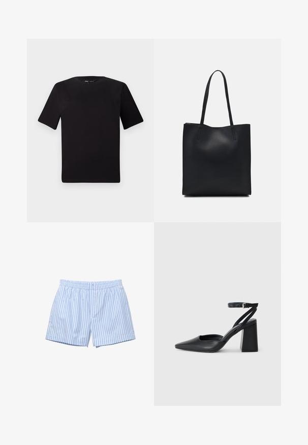 Fekete, rövid ujjú póló, kerek nyakkal, puha pamutból készült. Egyszerű dizájn, nincs látható logó vagy minta.; Világoskék csíkos boxeralsó, puha pamutból készült. Rugalmas derékpánttal, gombos záródással és laza szabással rendelkezik. Diszkrét logó a szélén.; Fekete bőr, hegyes orrú magassarkú cipő boka pánttal és vastag sarokkal. Sima textúra, elegáns dizájn és minimális esztétika.; Fekete bőrtáska sima felszínnel, téglalap alakú, két hosszú füllel. Nincs látható fémkiegészítő vagy díszítés.