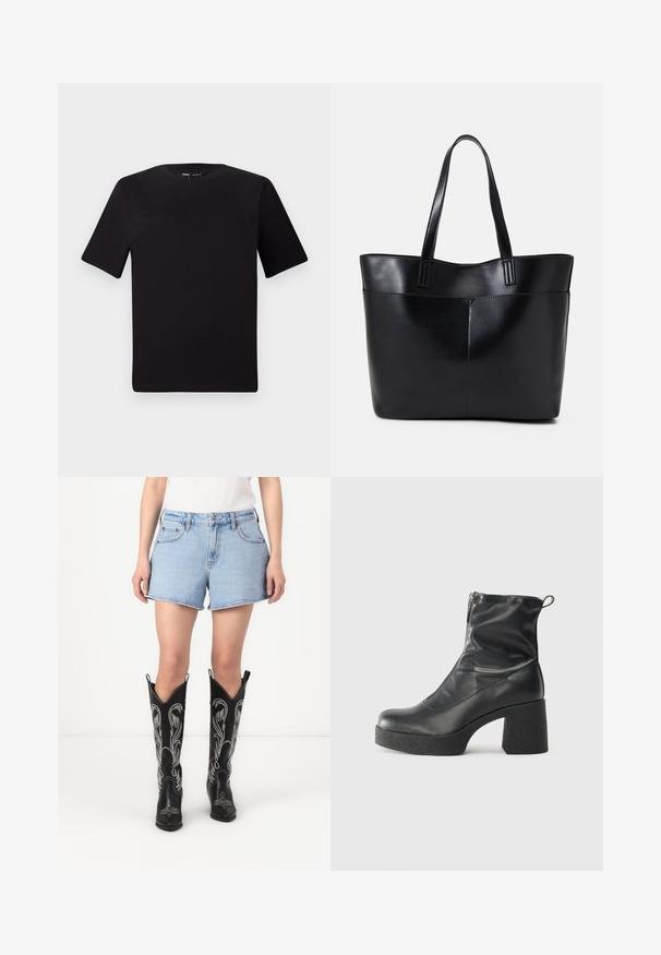 Schwarzes T-Shirt mit kurzen Ärmeln und Rundhalsausschnitt, aus weichem Baumwollmaterial gefertigt. Schlichtes Design, keine sichtbaren Logos oder Muster.; Blaue Denim-Shorts mit klassischem Schnitt, kombiniert mit schwarzen Leder-Cowboy-Boots, die mit weißen bestickten Mustern und spitzen Zehen verziert sind.; Schwarze Stiefeletten aus glattem Leder mit seitlichem Reißverschluss, klobigem strukturiertem Absatz und runder Zehenform.; Schwarze Leder-Shopper-Tasche mit zwei langen Griffen, einer glatten Textur und einer strukturierten Form. Verfügt über eine Vordertasche für zusätzlichen Stauraum.