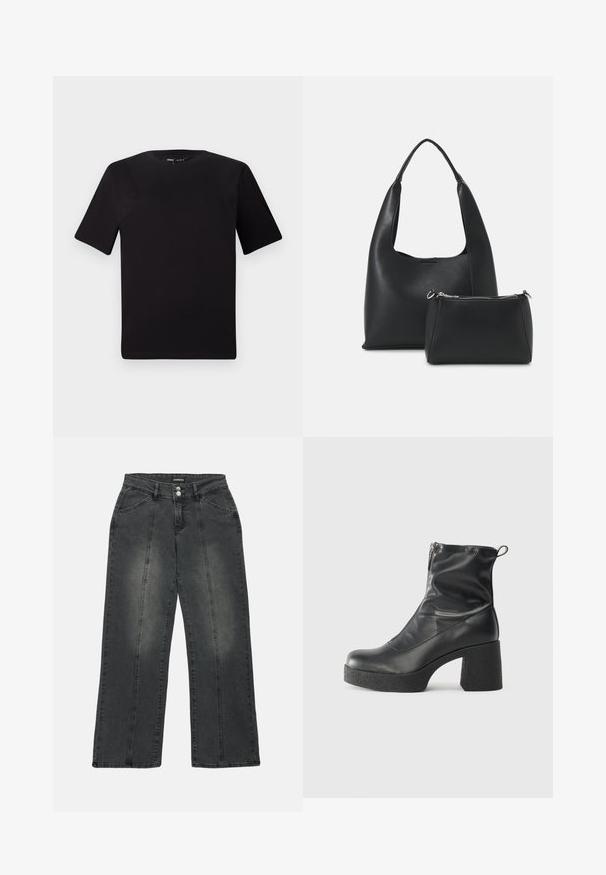 Must olema lühikeste varrukatega must t-särk ümmarguse kaelusega, valmistatud pehmest puuvillast kangast. Lihtne disain, ilma nähtavate logode või mustriteta.; Laiad säärtega teksapüksid tumehallist denimist, kõrge vöökoht, kaks eesmist taskut, keskmised õmblused ja peen hägustumine kangal.; Mustad mustad ansapüksid, mis on valmistatud siledast nahast, külje zipperiga, paksu tekstuuriga kontsaga ja ümmarguse nina disainiga.; Even&Odd Käekott - black