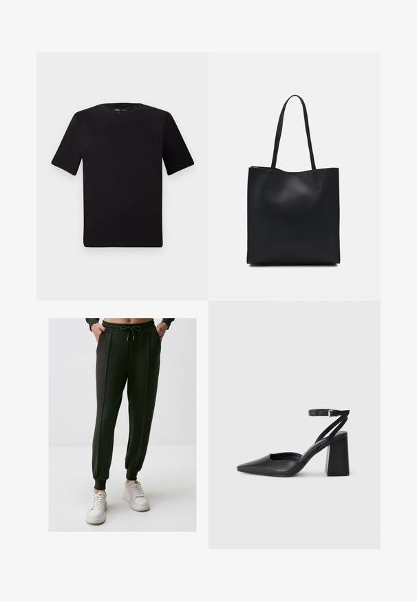 Zwarte T-shirt met korte mouwen en een ronde hals, gemaakt van zachte katoenstof. Eenvoudig ontwerp, geen zichtbare logo's of patronen.; Donkergroene joggerbroeken met een verstelbare taille, tapering aan de enkels, zijzakken en een zachte stoftextuur, gecombineerd met witte sneakers.; Zwarte leren puntige pump met een enkelbandje en een chunky hak. Vlakke textuur, strakke vormgeving en minimalistische esthetiek.; Zwarte leren handtas met een gladde textuur, rechthoekige vorm en twee lange handvaten. Geen zichtbare hardware of versieringen.