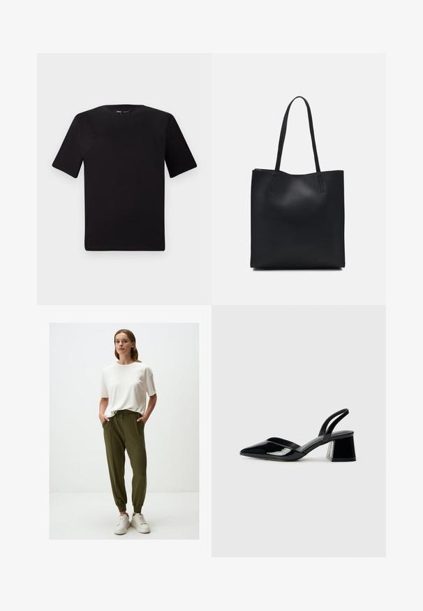 Zwarte T-shirt met korte mouwen en een ronde hals, gemaakt van zachte katoenstof. Eenvoudig ontwerp, geen zichtbare logo's of patronen.; Witte t-shirt met korte mouwen in combinatie met olijfgroene joggers met een trekkoord in de taille en elastische manchetten. Gemaakt met witte sneakers.; Zwarte gepatineerde leren slingback hakken met een spitse neus en een geometrische blokhak. Kenmerkt zich door een slank, minimalistisch ontwerp en een gladde textuur.; Zwarte leren handtas met een gladde textuur, rechthoekige vorm en twee lange handvaten. Geen zichtbare hardware of versieringen.
