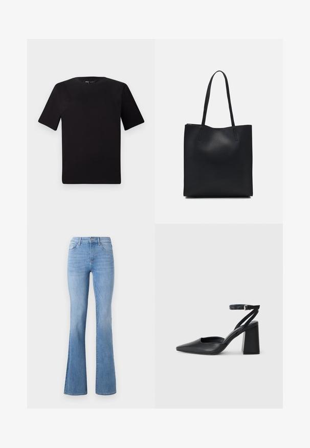 Black short-sleeve t-shirt with a round neckline, crafted from soft cotton fabric. Simple design, no visible logos or patterns.; Light blue flared jeans featuring a mid-rise waist, classic five-pocket design, and subtle fading along the legs. Denim fabric texture.; Black leather pointy-toe pump with an ankle strap and a chunky heel. Flat texture, sleek design, and minimalistic aesthetics.; Black leather tote bag with smooth texture, rectangular shape, and two long handles. No visible hardware or embellishments.
