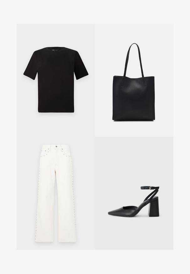 Black short-sleeve t-shirt with a round neckline, crafted from soft cotton fabric. Simple design, no visible logos or patterns.; White denim wide-leg jeans featuring rivet detailing along the sides and front button closure. Reinforced pockets and a classic cut.; Black leather pointy-toe pump with an ankle strap and a chunky heel. Flat texture, sleek design, and minimalistic aesthetics.; Black leather tote bag with smooth texture, rectangular shape, and two long handles. No visible hardware or embellishments.