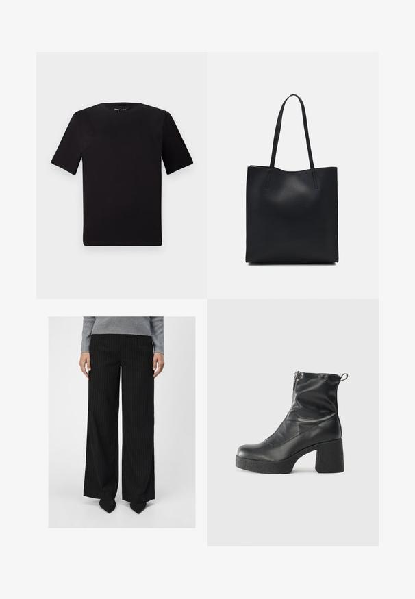 Black short-sleeve t-shirt with a round neckline, crafted from soft cotton fabric. Simple design, no visible logos or patterns.; Object OBJLISA WIDE - Trousers - black; Black ankle boots made of smooth leather, featuring a side zipper, chunky textured heel, and rounded toe design.; Black leather tote bag with smooth texture, rectangular shape, and two long handles. No visible hardware or embellishments.