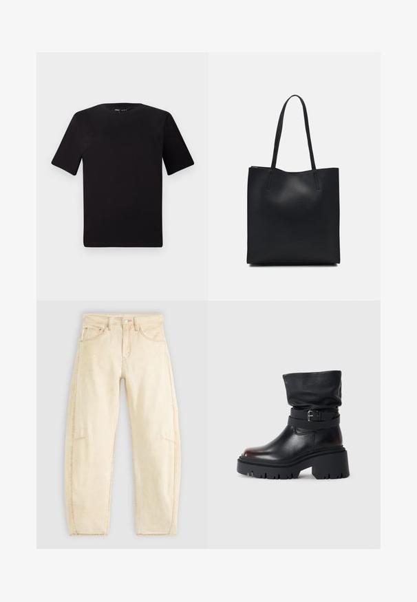 Fekete, rövid ujjú póló, kerek nyakkal, puha pamutból készült. Egyszerű dizájn, nincs látható logó vagy minta.; Beige farmernadrág laza fazonnal, magas derékkal, öt zsebbel és finom kopással. Nyers szegés a bokáknál.; Fekete bőr bokacsizma laza felső résszel, csattal díszítve és vastag, strapabíró talppal. Kerek orrú és sima textúrájú.; Fekete bőrtáska sima felszínnel, téglalap alakú, két hosszú füllel. Nincs látható fémkiegészítő vagy díszítés.