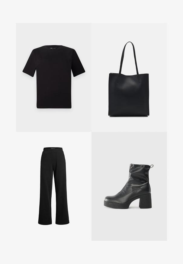 Juodas trumpas rankovės marškinėlis su apvaliu iškirpimu, pagamintas iš minkštos medvilnės medžiagos. Paprastas dizainas, be matomų logotipų ar raštų.; Juodos sportinės kelnės su plačiomis kojomis, pagamintos iš minkštos medžiagos. Šios kelnės turi elastingą juosmenį ir minimaliai siūlų, kad užtikrintų komfortą.; Juodos kulkšninių botai, pagaminti iš lygaus odos, su šoniniu užtrauktuku, masyviu tekstūruotu kulnu ir apvaliu pirštu.; Juodas odinis tote krepšys su lygia tekstūra, stačiakampio formos ir dviem ilgais rankenomis. Matomų metalinių detalių ar puošybos nėra.
