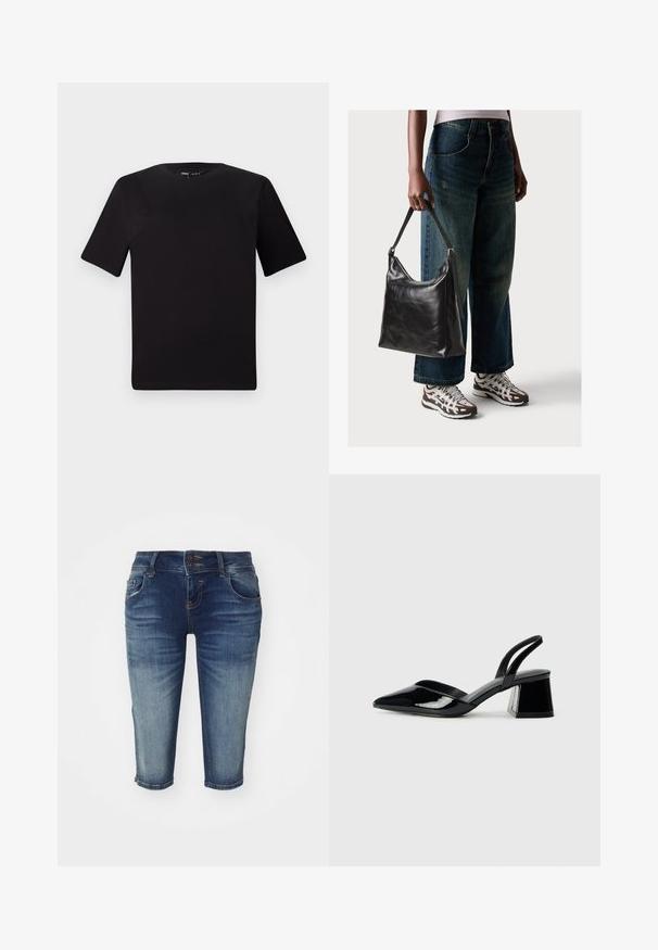 Black short-sleeve t-shirt with a round neckline, crafted from soft cotton fabric. Simple design, no visible logos or patterns.; Denim bermuda shorts in dark blue with a faded finish, featuring five pockets, a double button closure, and a straight-leg design.; Black patent leather slingback heels with a pointed toe and a geometric block heel. Features a sleek, minimal design and smooth texture.; Black leather shoulder bag with a smooth texture and adjustable strap, paired with faded wide-leg jeans and athletic sneakers.