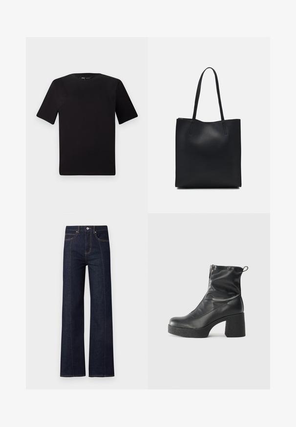 Svart kortärmad t-shirt med rund halsringning, tillverkad i mjukt bomullstyg. Enkelt mönster, utan synliga logotyper eller mönster.; Mörkblå denimbyxor med vida ben och hög midja, med kontrasterande orange sömmar och femfickorsdesign. Platt front med knap stängning.; Svarta ankelstövlar i slitstark läder, med sidodragkedja, kraftig strukturerad klack och rundad tådesign.; Svart lädertoffelväska med slät textur, rektangulär form och två långa handtag. Ingen synlig hårdvara eller dekorationer.
