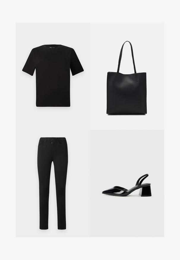 Camiseta negra de manga corta con cuello redondo, fabricada en suave algodón. Diseño simple, sin logos ni patrones visibles.; Jeans negros ajustados con una textura suave, diseño estándar de cinco bolsillos, cremallera frontal y cierre de botón. Sin patrones ni acentos visibles.; Zapatos de tacón slingback de charol negro con punta afilada y tacón geométrico en bloque. Presentan un diseño elegante y minimalista, así como una textura suave.; Bolso tote de cuero negro con textura lisa, forma rectangular y dos asas largas. Sin herrajes ni adornos visibles.