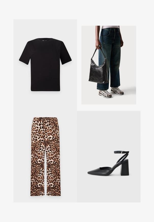 T-shirt preta de mangas curtas com decote redondo, feita de tecido de algodão suave. Design simples, sem logótipos ou padrões visíveis.; Calças com padrão de leopardo e corte descontraído, apresentando uma cintura elástica, feitas de um tecido suave com uma textura lisa.; Sandal com biqueira afilada em couro preto, com cinta no tornozelo e salto grosso. Textura lisa, design elegante e estética minimalista.; Bolsa de ombro em couro preto com textura suave e alça ajustável, combinada com jeans de perna larga desbotados e ténis desportivos.
