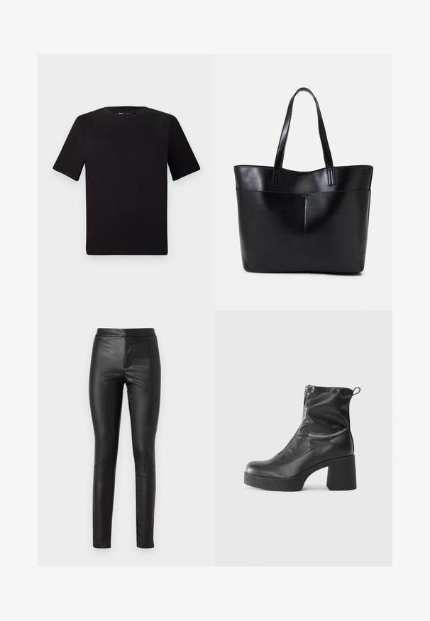 Čierne tričko s krátkym rukávom a okrúhlym výstrihom, vyrobené z mäkkej bavlny. Jednoduchý dizajn, bez viditeľných log alebo vzorov.; Čierne kožené legíny s hladkou textúrou, úzkym strihom a vysokým pásom. Majú predný šev pre upravený vzhľad.; Čierne členkové topánky z hladkej kože, so bočným zipsom, robustnou textúrovanou pätnou časťou a zaobleným dizajnom špičky.; Čierna kožená tote taška s dvoma dlhými rúčkami, hladkým povrchom a štruktúrovaným tvarom. Obsahuje prednú kapsu pre dodatočné uskladnenie.