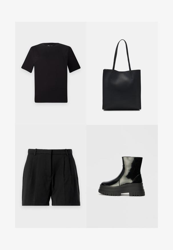 T-shirt preta de mangas curtas com decote redondo, feita de tecido de algodão suave. Design simples, sem logótipos ou padrões visíveis.; Calças curtas pretas com um design ajustado, pregas frontais, corte reto e bolsos laterais. Feitas de um tecido suave e tecido.; Bota de tornozelo preta e brilhante com sola grossa e arredondada, vista lateral sobre fundo cinza claro.; Bolsa tote preta em couro com textura lisa, forma retangular e duas alças longas. Sem hardware ou enfeites visíveis.