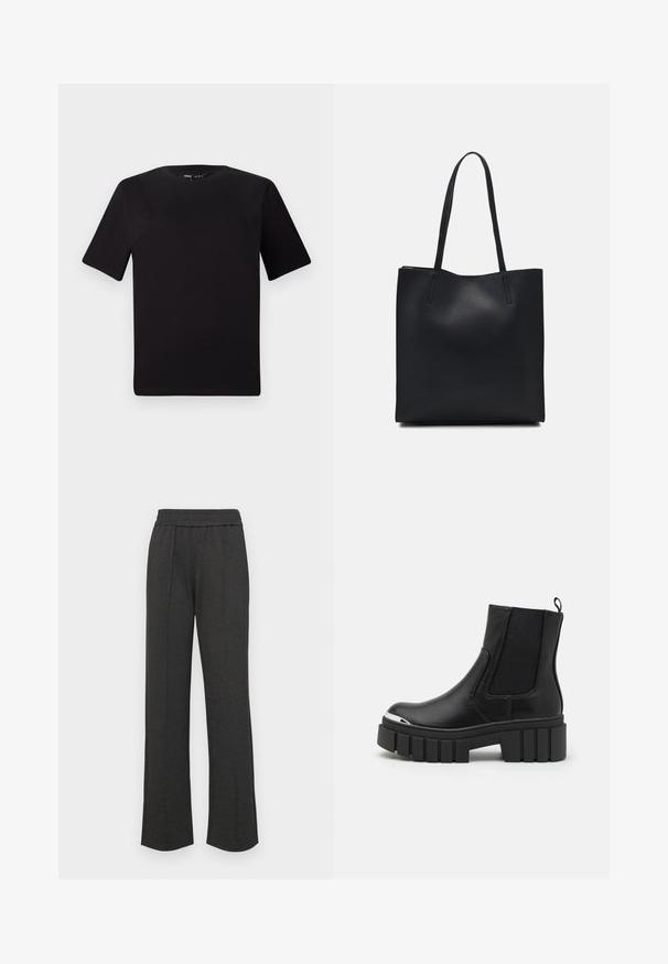 Musta lyhythihainen t-paita pyöreällä kaula-aukolla, valmistettu pehmeästä puuvillakankaasta. Yksinkertainen malli, ei näkyviä logoja tai kuvioita.; Mustat suorat housut, joissa on joustava vyötärö, etupleatit, pehmeä kangas ja ilman näkyviä kuvioita tai metalliosia.; Mustat nilkkurit, jotka on valmistettu sileästä nahasta ja joissa on joustavat paneelit, paksu alustakorko ja metallinen varvasosa.; Mustapahkainen kangaskassi, jossa on sileä pinta, suorakaiteen muotoinen ja kaksi pitkää kahvaa. Ei näkyvää metalliosaa tai koristeita.