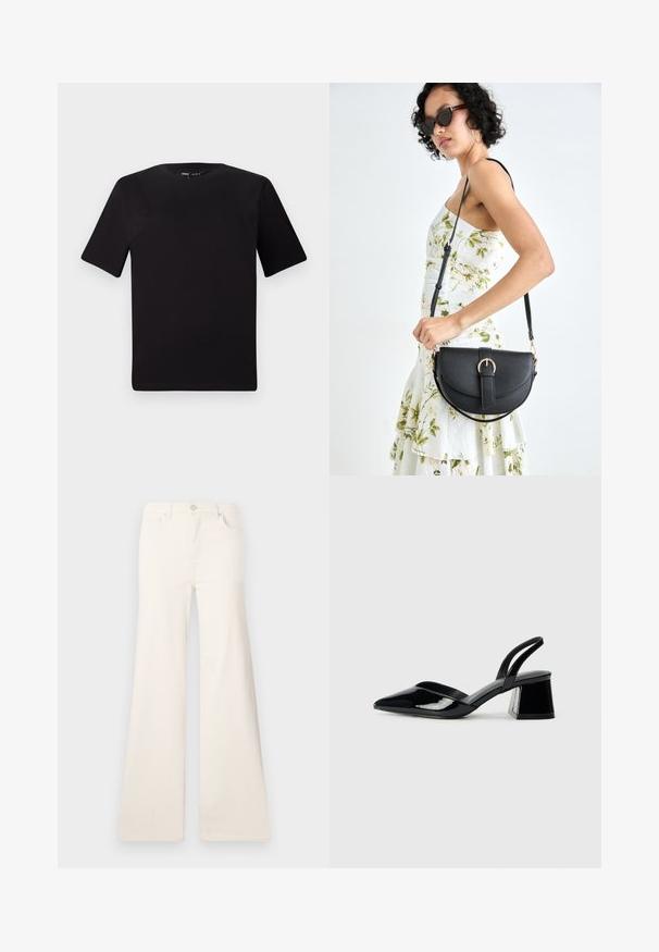 T-shirt noir à manches courtes avec un col rond, fabriqué en coton doux. Design simple, sans logos ni motifs visibles.; ONLY ONLMADISON WIDE - Wide Leg - ecru; Escarpins en cuir verni noir avec bout pointu et talon bloc géométrique. Présente un design élégant et minimaliste ainsi qu'une texture lisse.; Sac à main en cuir noir avec une forme courbée, bandoulière amovible et des accessoires en or. Le sac est doté d'un rabat avec un détail de boucle.