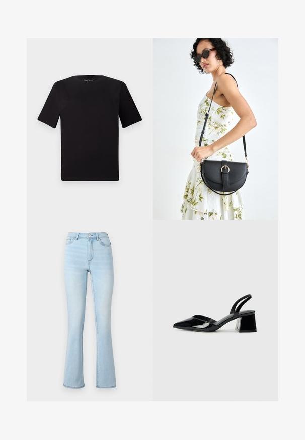 Camiseta negra de manga corta con cuello redondo, fabricada en suave algodón. Diseño simple, sin logos ni patrones visibles.; Vaqueros acampanados de un azul claro, hechos de mezclilla, con una cintura alta, diseño de cinco bolsillos y un ligero desvanecimiento en las piernas, terminados con dobladillos cosidos.; Zapatos de tacón slingback de charol negro con punta afilada y tacón geométrico en bloque. Presentan un diseño elegante y minimalista, así como una textura suave.; Bolso de piel negra con forma curva, correa desmontable y herrajes dorados. El bolso cuenta con una solapa con un detalle de hebilla.