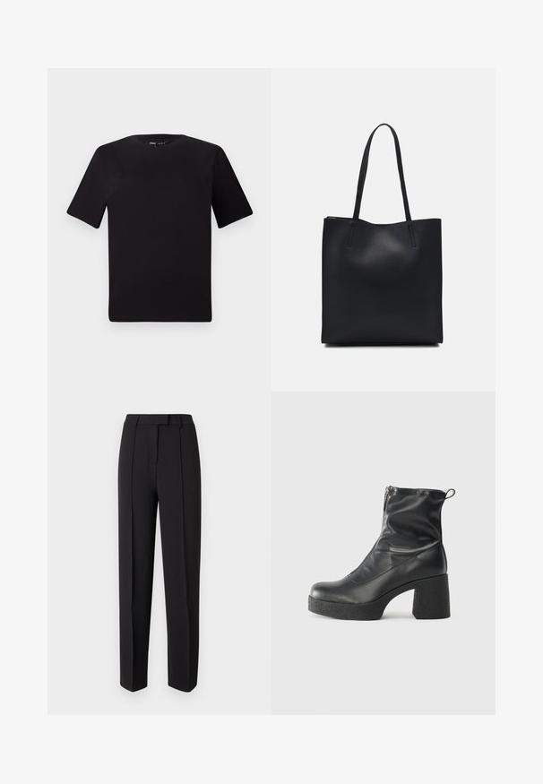 T-shirt noir à manches courtes avec un col rond, fabriqué en coton doux. Design simple, sans logos ni motifs visibles.; Pantalon noir taillé avec une texture lisse, présentant une coupe droite, des passants pour ceinture et deux plis avant pour plus de détails.; Bottes noires à la cheville en cuir lisse, dotées d'une fermeture éclair sur le côté, d'un talon épais texturé et d'une conception à bout rond.; Sac fourre-tout en cuir noir avec une texture lisse, de forme rectangulaire et deux longues poignées. Pas de matériel ou d'ornementations visibles.