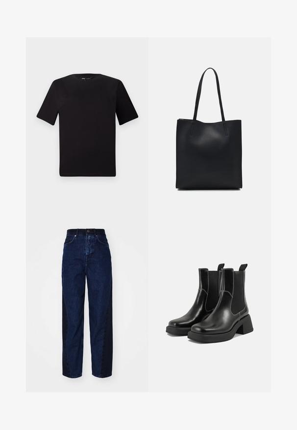 Crna majica kratkih rukava s okruglim izrezom, izrađena od mekane pamučne tkanine. Jednostavan dizajn, bez vidljivih logotipa ili uzoraka.; Tamno plavi traperici s opuštenim krojem, s kontrastnom tamnijom bočnom panelom, pet džepova i dugmadi na preklop.; Crne kožne Chelsea čizme s debelim potplatom, elastičnim bočnim panelima i kontrastnim bijelim šavovima. Teksturirana površina.; Crna kožna torba za nošenje s glatkom teksturom, pravokutnim oblikom i dvije duge ručke. Nema vidljivih metalnih dijelova ili ukrasa.