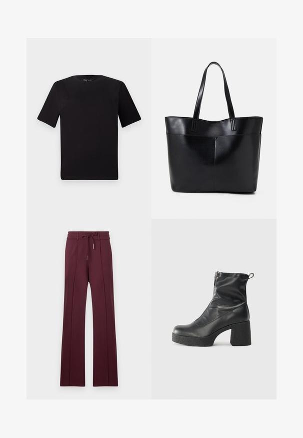 Schwarzes T-Shirt mit kurzen Ärmeln und Rundhalsausschnitt, aus weichem Baumwollmaterial gefertigt. Schlichtes Design, keine sichtbaren Logos oder Muster.; Burgunderfarbene weitgeschnittene Hose aus weichem Stoff mit einem Kordelzugbund und vorderen Falten. Flauschiger Saum und glatte Textur.; Schwarze Stiefeletten aus glattem Leder mit seitlichem Reißverschluss, klobigem strukturiertem Absatz und runder Zehenform.; Schwarze Leder-Shopper-Tasche mit zwei langen Griffen, einer glatten Textur und einer strukturierten Form. Verfügt über eine Vordertasche für zusätzlichen Stauraum.
