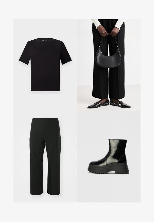 T-shirt nera a maniche corte con scollatura rotonda, realizzata in morbido cotone. Design semplice, senza loghi o motivi visibili.; Vero Moda Curve VMCAUGUSTA PANT - Pantaloni - black; Stivale nero lucido alla caviglia con suola spessa e tonda, vista laterale su sfondo grigio chiaro uniforme.; Borsa a spalla in pelle nera con forma arrotondata, finitura lucida e accessori in argento. Persona che indossa pantaloni ampi neri e mocassini con borchie.