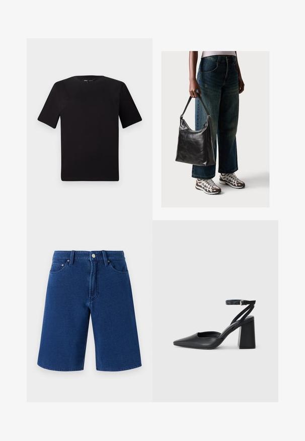 Czarna koszulka z krótkim rękawem o okrągłym dekolcie, wykonana z miękkiej bawełny. Prosty design, bez widocznych logo ani wzorów.; Niebieskie dżinsowe szorty o prostym kroju, z pięcioma kieszeniami, widocznym pasem z metalowym guzikiem i szlufkami na pasek.; Czarne skórzane czółenka z ostrym noskiem, z paskiem na kostce i grubym obcasem. Gładka faktura, elegancki design i minimalistyczna estetyka.; Czarna skórzana torba na ramię o gładkiej fakturze i regulowanym pasku, w zestawieniu z wyblakłymi dżinsami typu wide-leg i sportowymi butami.