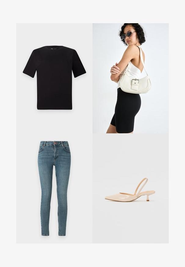 T-shirt preta de mangas curtas com decote redondo, feita de tecido de algodão suave. Design simples, sem logótipos ou padrões visíveis.; Jeans justos em denim azul médio. Apresentam um clássico design de cinco bolsos, fecho frontal por botão e um leve efeito de desgaste. Textura suave.; Saltos slingback em couro sintético bege com bico apontado e um salto quadrado fino. Textura suave e design minimalista sem embellishments.; Bolsa de couro branca com um formato curvado, alça ajustável e um pequeno detalhe de fivela. Modelo usa um traje preto ajustado.
