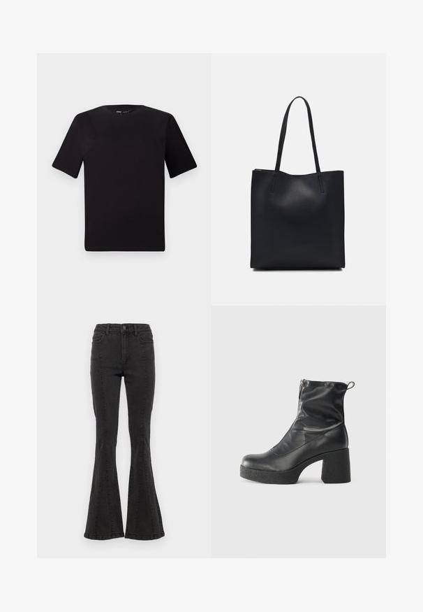 T-shirt preta de mangas curtas com decote redondo, feita de tecido de algodão suave. Design simples, sem logótipos ou padrões visíveis.; Calças de ganga flared pretas com cintura alta, apresentando costuras laterais e um acabamento limpo na bainha. O tecido tem uma textura suave com ligeira elasticidade.; Botas de tornozelo pretas feitas de couro liso, com fecho lateral, salto grosso texturizado e design de bico arredondado.; Bolsa tote preta em couro com textura lisa, forma retangular e duas alças longas. Sem hardware ou enfeites visíveis.