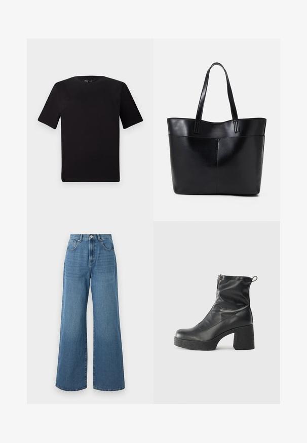 T-shirt preta de mangas curtas com decote redondo, feita de tecido de algodão suave. Design simples, sem logótipos ou padrões visíveis.; Jeans de denim azuis de pernas largas com uma cintura alta, apresentando bolsos traseiros e frontais, e um fecho de botão na cintura. Textura suave.; Botas de tornozelo pretas feitas de couro liso, com fecho lateral, salto grosso texturizado e design de bico arredondado.; Bolsa tote preta em couro com duas alças longas, textura suave e forma estruturada. Apresenta um bolso frontal para armazenamento adicional.
