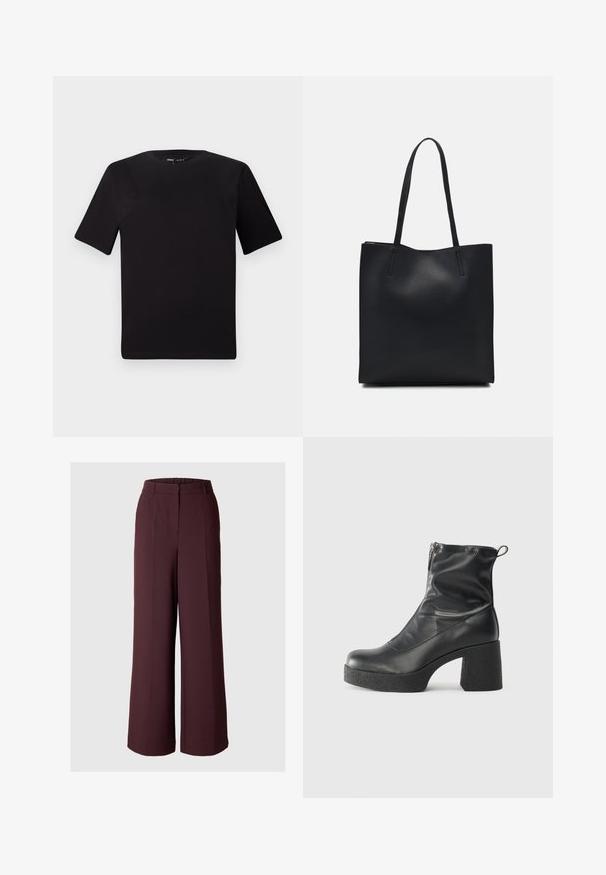 Svart t-skjorte med korte ermer og rund hals, laget av mykt bomullsstoff. Enkelt design, ingen synlige logoer eller mønstre.; Bordeaux høyt liv bukser med vide ben laget av glatt stoff, med frontfeller og en komfortabel elastisk midje.; Svarte ankelstøvler laget av glatt lær, med glidelås på siden, chunky strukturert hæl, og rund tå-design.; Svart lær tote bag med glatt tekstur, rektangulær form og to lange håndtak. Ingen synlige deler eller dekorasjoner.