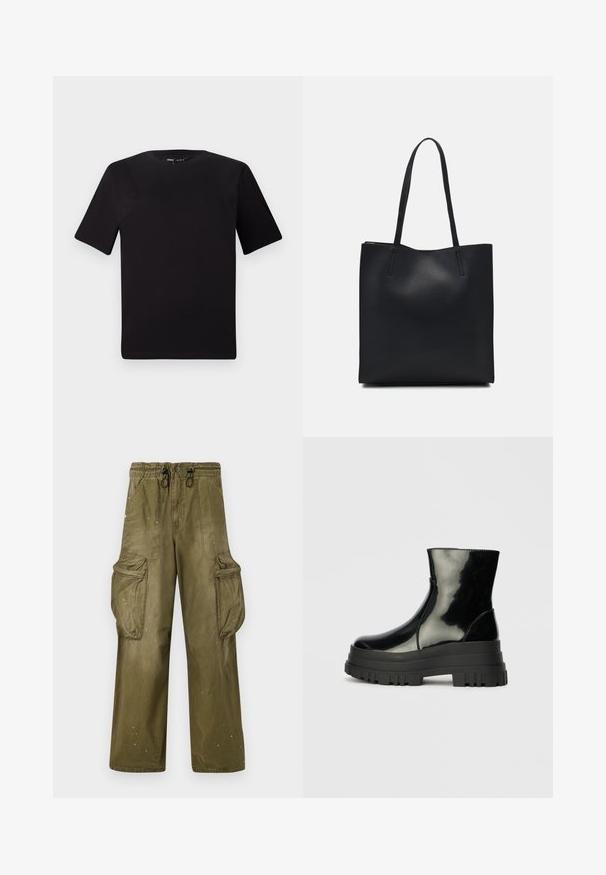 Črna majica s kratkimi rokavi in okroglim izrezom, izdelana iz mehkega bombažnega materiala. Preprost dizajn, brez vidnih logotipov ali vzorcev.; Olivno zelene cargo hlače z udobnim krojem, elastičnim pasom, vrvico, dvema stranskima žepoma in dvema velikima cargo žepoma. Rahla obrabljenost.; Črne sijajne gležnjarje z debelim profilom podplata in zaobljenim nosom, stranski pogled na enostavni svetlo sivi ozadju.; Črna usnjena torba s svilnato teksturo, pravokotne oblike in dvema dolgima ročajema. Brez vidnih metalnih delov ali okrasnih elementov.