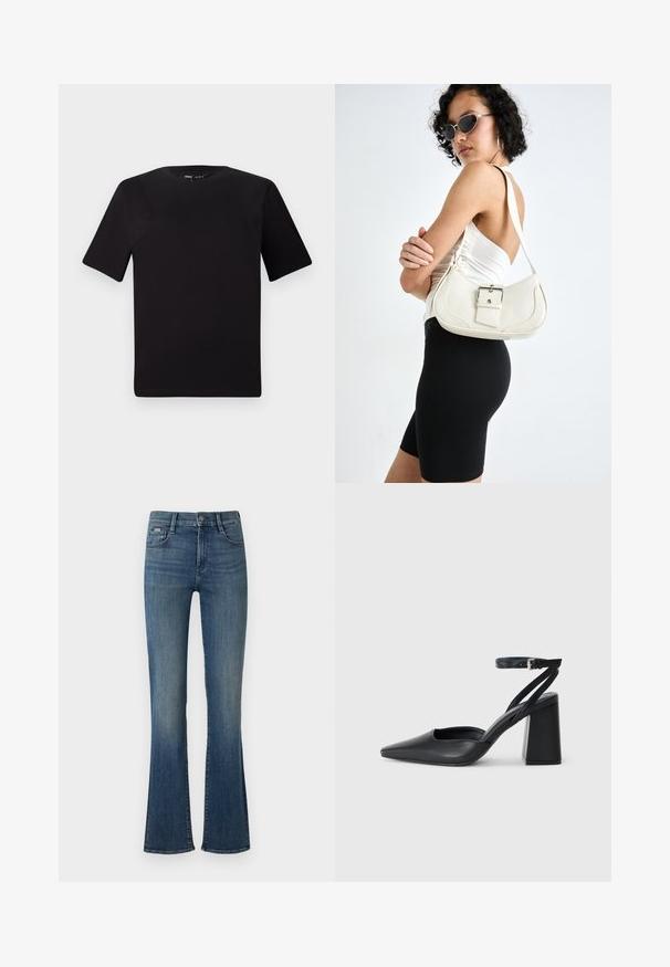 Svart t-skjorte med korte ermer og rund hals, laget av mykt bomullsstoff. Enkelt design, ingen synlige logoer eller mønstre.; Mørkeblå, utsvakt jeans laget av denim, med høy midje, enkelt frontknapp og subtil fading langs beina.; Svart lær pumps med spiss tå, ankelrem og kraftig hæl. Flat tekstur, strømlinjeformet design og minimalisme.; Hvit lær håndveske med en buet form, justerbar stropp og en liten spenne-detalj. Modellen har på seg en tettsittende svart antrekk.