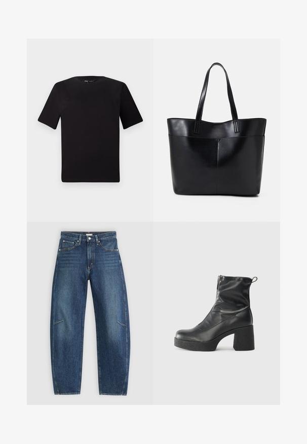 Black short-sleeve t-shirt with a round neckline, crafted from soft cotton fabric. Simple design, no visible logos or patterns.; Dark blue denim jeans with a straight-leg design, featuring front pockets, contrast stitching, and a subtle faded texture on the legs.; Black ankle boots made of smooth leather, featuring a side zipper, chunky textured heel, and rounded toe design.; Black leather tote bag with two long handles, a smooth texture, and a structured shape. Features a front pocket for additional storage.