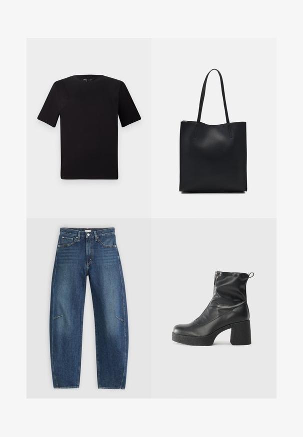 Juodas trumpas rankovės marškinėlis su apvaliu iškirpimu, pagamintas iš minkštos medvilnės medžiagos. Paprastas dizainas, be matomų logotipų ar raštų.; Tamsiai mėlynos džinsinės kelnės su tiesiomis kojomis, turinčios priekinės kišenes, kontrastingą siuvimą ir subtilų pabandymą ant kojų.; Juodos kulkšninių botai, pagaminti iš lygaus odos, su šoniniu užtrauktuku, masyviu tekstūruotu kulnu ir apvaliu pirštu.; Juodas odinis tote krepšys su lygia tekstūra, stačiakampio formos ir dviem ilgais rankenomis. Matomų metalinių detalių ar puošybos nėra.