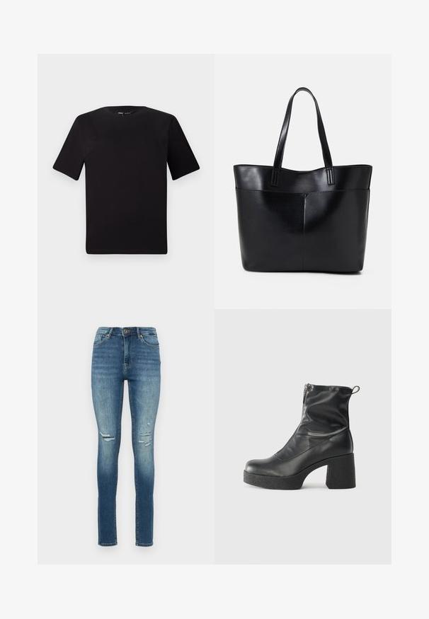 Fekete, rövid ujjú póló, kerek nyakkal, puha pamutból készült. Egyszerű dizájn, nincs látható logó vagy minta.; Közép kék farmer skinny farmernadrág, térdnél szakítással, öt zsebes kialakítással és gombbal záródó, cipzáros kivitelben.; Fekete bokacsizmák sima bőrből, oldalsó cipzárral, vastag, texturált sarkú és lekerekített orrú dizájnnal.; Fekete bőr bevásárlótáska két hosszú fogantyúval, sima felülettel és strukturált formával. Elülső zseb található rajta a plusz tárolás érdekében.