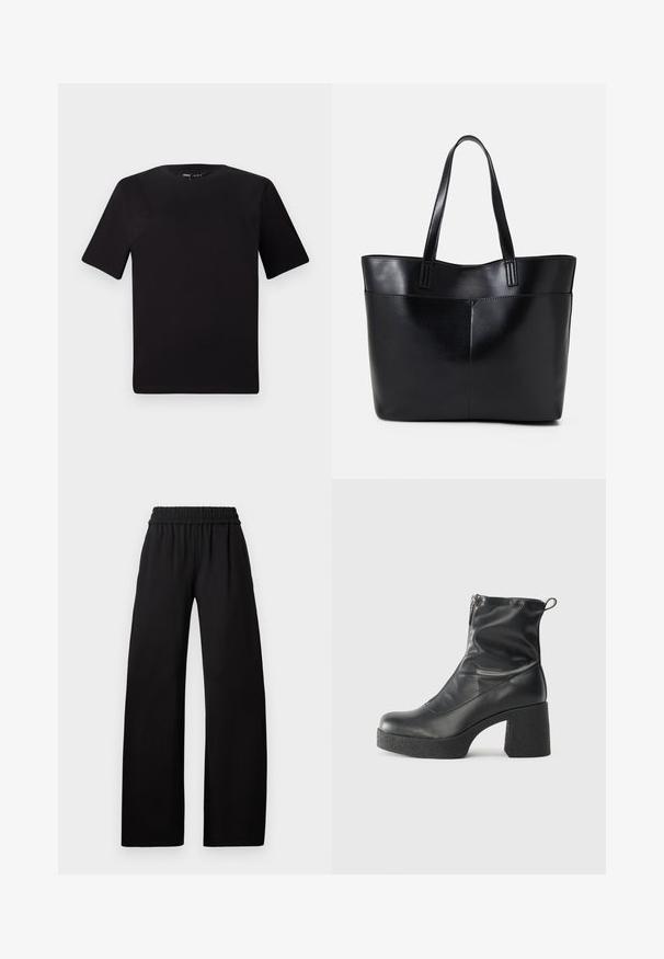Sort kortærmet t-shirt med rund halsudskæring, lavet af blødt bomuldsstof. Enkel design, ingen synlige logoer eller mønstre.; Sorte vide benbukser med elastisk talje, der har en glat tekstur og et gulvlængde design for en afslappet pasform.; Sorte ankelstøvler lavet af glat læder, med en sidelukning, kraftig struktureret hæl og rundt tådesign.; Sort læder tote taske med to lange håndtag, en glat tekstur og en struktureret form. Har en forlommem for ekstra opbevaring.