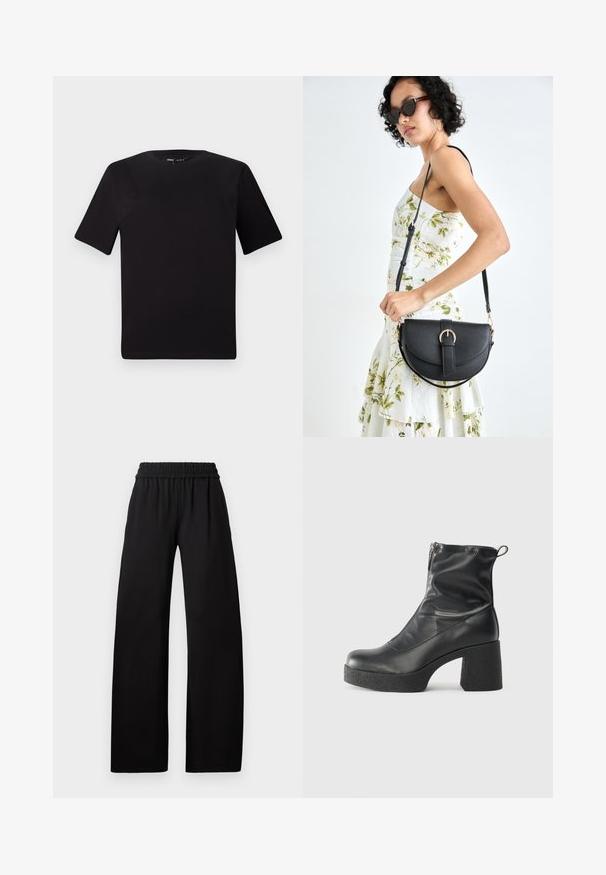 Sort kortærmet t-shirt med rund halsudskæring, lavet af blødt bomuldsstof. Enkel design, ingen synlige logoer eller mønstre.; Sorte vide benbukser med elastisk talje, der har en glat tekstur og et gulvlængde design for en afslappet pasform.; Sorte ankelstøvler lavet af glat læder, med en sidelukning, kraftig struktureret hæl og rundt tådesign.; Sort læderhåndtaske med en buet form, aftagelig rem og guldfinish. Tasken har en klap med en spænde detalje.