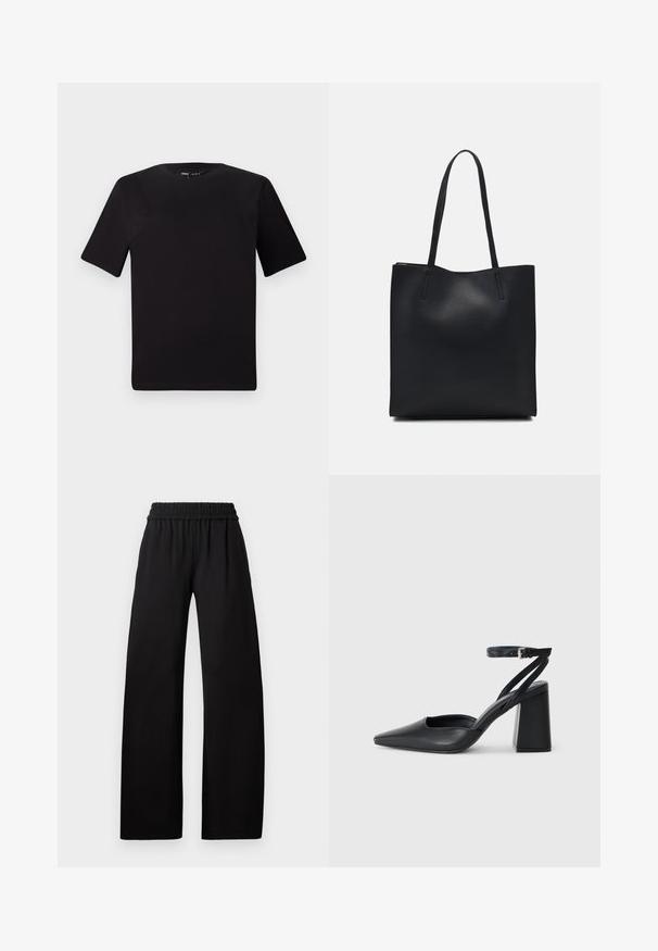 Černé tričko s krátkým rukávem a kulatým výstřihem, vyrobené z měkké bavlněné látky. Jednoduchý design, žádné viditelné logo nebo vzory.; Černé kalhoty s širokými nohavicemi a elastickým pasem, s hladkým povrchem a dlouhým střihem pro uvolněný vzhled.; Černé kožené lodičky se špičatou špičkou, kotníkovým páskem a silným podpatkem. Hladká textura, elegantní design a minimalistická estetika.; Černá kožená taška přes rameno s hladkým povrchem, obdélníkovým tvarem a dvěma dlouhými uchy. Žádné viditelné kování ani ozdoby.