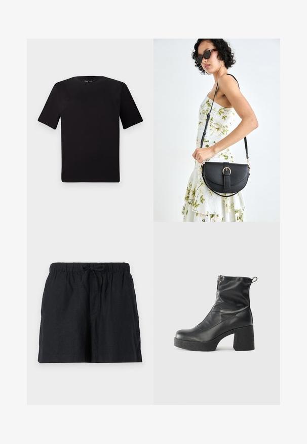 Camiseta negra de manga corta con cuello redondo, fabricada en suave algodón. Diseño simple, sin logos ni patrones visibles.; Pantalones cortos de lino negro con una cinturilla elástica y cordón. Cuenta con bolsillos laterales y un diseño de ajuste relajado.; Botines negros de tobillo, hechos de cuero suave, con cierre lateral, tacón grueso texturizado y diseño de punta redondeada.; Bolso de piel negra con forma curva, correa desmontable y herrajes dorados. El bolso cuenta con una solapa con un detalle de hebilla.