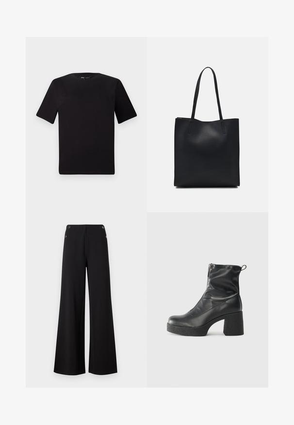 T-shirt noir à manches courtes avec un col rond, fabriqué en coton doux. Design simple, sans logos ni motifs visibles.; Pantalons larges noirs en tissu lisse, avec des accents de boutons dorés à la taille et un design épuré et minimaliste.; Bottes noires à la cheville en cuir lisse, dotées d'une fermeture éclair sur le côté, d'un talon épais texturé et d'une conception à bout rond.; Sac fourre-tout en cuir noir avec une texture lisse, de forme rectangulaire et deux longues poignées. Pas de matériel ou d'ornementations visibles.