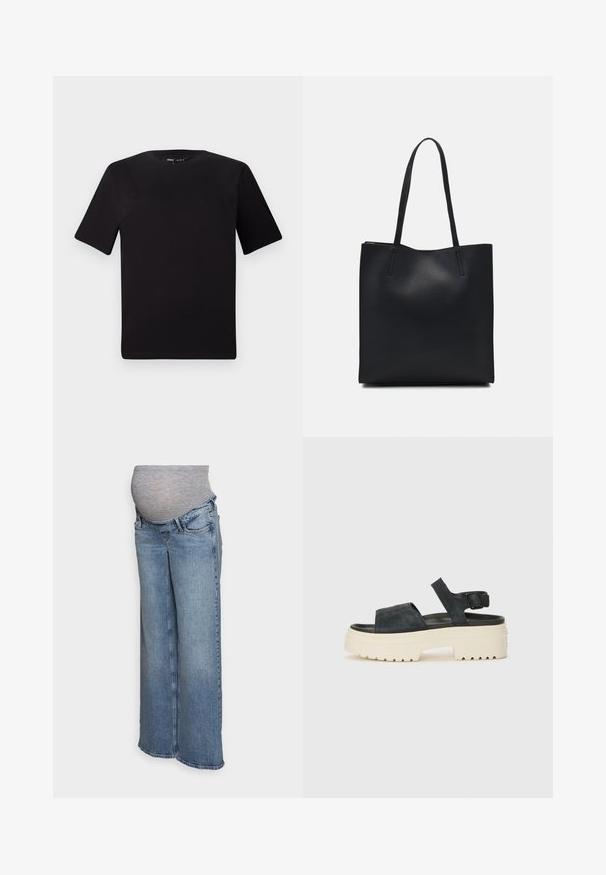 Svart kortärmad t-shirt med rund halsringning, tillverkad i mjukt bomullstyg. Enkelt mönster, utan synliga logotyper eller mönster.; ONLY MATERNITY OLMJUICY - Wide leg - medium blue denim; Svarta mocka plattformsandaler med en kraftig vit sula, breda framremmar och justerbar ankelsnodd. Texturerad sula för bra grepp.; Svart lädertoffelväska med slät textur, rektangulär form och två långa handtag. Ingen synlig hårdvara eller dekorationer.
