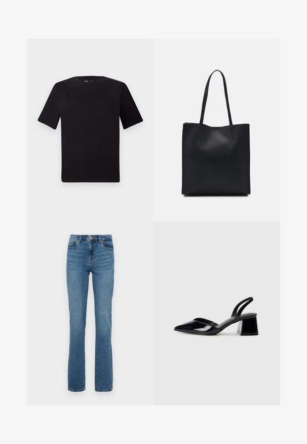 Black short-sleeve t-shirt with a round neckline, crafted from soft cotton fabric. Simple design, no visible logos or patterns.; Blue high-waist straight-leg jeans with front button and zipper, five-pocket design, and subtle fading on thighs and knees.; Black patent leather slingback heels with a pointed toe and a geometric block heel. Features a sleek, minimal design and smooth texture.; Black leather tote bag with smooth texture, rectangular shape, and two long handles. No visible hardware or embellishments.