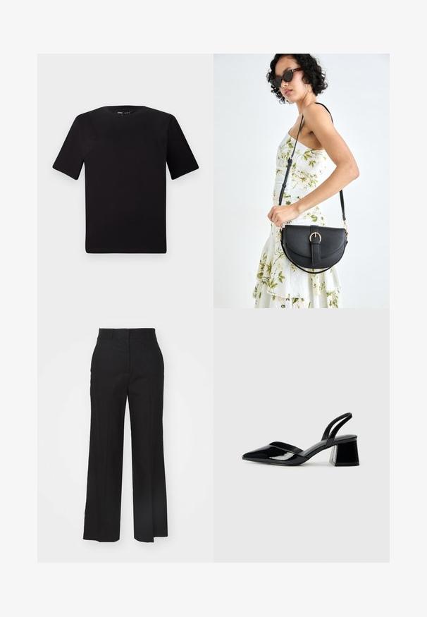 Crna majica kratkih rukava s okruglim izrezom, izrađena od mekane pamučne tkanine. Jednostavan dizajn, bez vidljivih logotipa ili uzoraka.; Crne široke hlače izrađene od lagane tkanine, s ravnim prednjim dijelom, petljama za remen i urednim završetkom na rubu.; Crne lakirane kožne sandale s otvorenom petom i špicastim vrhom, s geometrijskom blok petom. Imaju elegantan, minimalistički dizajn i glatku teksturu.; Crna kožna torba s lukovitim oblikom, odvojivim remenom i zlatnim detaljima. Torba ima preklop s kopčom.