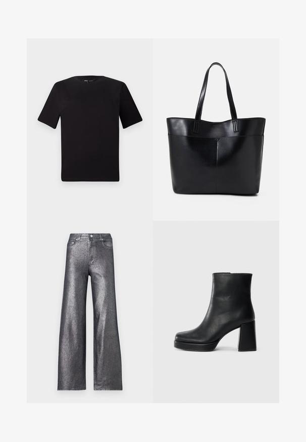 Čierne tričko s krátkym rukávom a okrúhlym výstrihom, vyrobené z mäkkej bavlny. Jednoduchý dizajn, bez viditeľných log alebo vzorov.; Strieborné metalické nohavice s širokými nohavicami a vysokým pásom, ktoré majú päť vreciek a zapínanie na gombík. Materiál má hladkú, lesklú textúru.; Čierne kožené členkové topánky s blokovým podpätkom a platformovou podrážkou, zobrazené z boku na bielom pozadí.; Čierna kožená tote taška s dvoma dlhými rúčkami, hladkým povrchom a štruktúrovaným tvarom. Obsahuje prednú kapsu pre dodatočné uskladnenie.