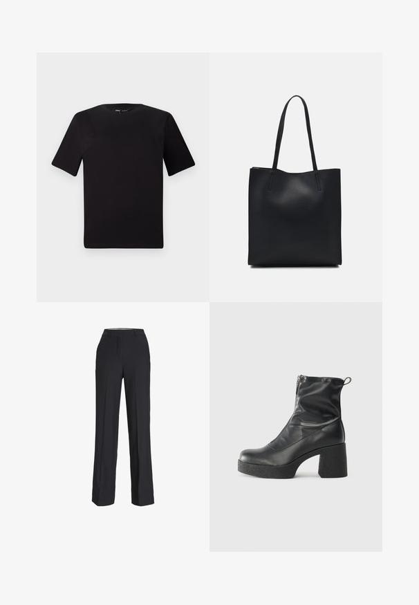 Čierne tričko s krátkym rukávom a okrúhlym výstrihom, vyrobené z mäkkej bavlny. Jednoduchý dizajn, bez viditeľných log alebo vzorov.; Čierne nohavice s vysokým pásom a rovný strih. Vyrobené z hladkého materiálu, s prednými záhybmi a bočnými vreckami.; Čierne členkové topánky z hladkej kože, so bočným zipsom, robustnou textúrovanou pätnou časťou a zaobleným dizajnom špičky.; Čierna kožená taška na rameno s hladkým povrchom, obdĺžnikovým tvarom a dvoma dlhými uchami. Bez viditeľného kovania alebo ozdôb.