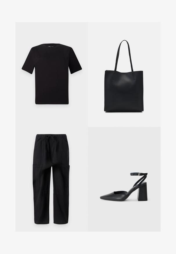 Camiseta negra de manga corta con cuello redondo, fabricada en suave algodón. Diseño simple, sin logos ni patrones visibles.; Pantalones cargo de algodón negros con un corte relajado, que cuentan con una cinturilla elástica y múltiples bolsillos laterales para mayor utilidad.; Zapato de tacón puntiagudo de cuero negro con tira en el tobillo y tacón ancho. Textura plana, diseño elegante y estética minimalista.; Bolso tote de cuero negro con textura lisa, forma rectangular y dos asas largas. Sin herrajes ni adornos visibles.