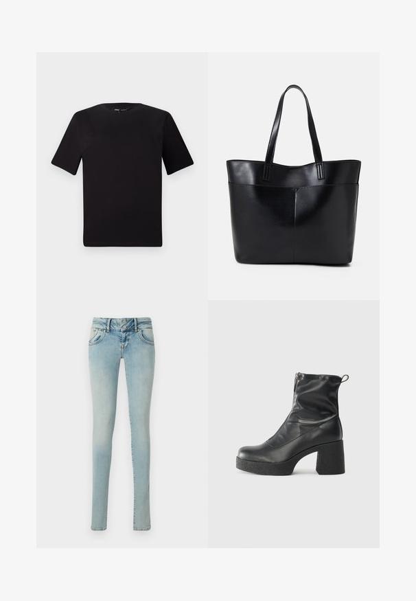 Crna majica kratkih rukava s okruglim izrezom, izrađena od mekane pamučne tkanine. Jednostavan dizajn, bez vidljivih logotipa ili uzoraka.; Svijetloplavi uski traperice s klasičnim dizajnom pet džepova, kopčom na dugme i izblijedjelom teksturom denima s blagom varijacijom boje.; Crne gležnjače od glatke kože, s bočnim zatvaračem, debelim teksturiranim potplatom i dizajnom s zaobljenim prstima.; Crna kožna torba s dugim ručkama, glatkom teksturom i strukturiranim oblikom. Ima prednju džep za dodatno pohranu.