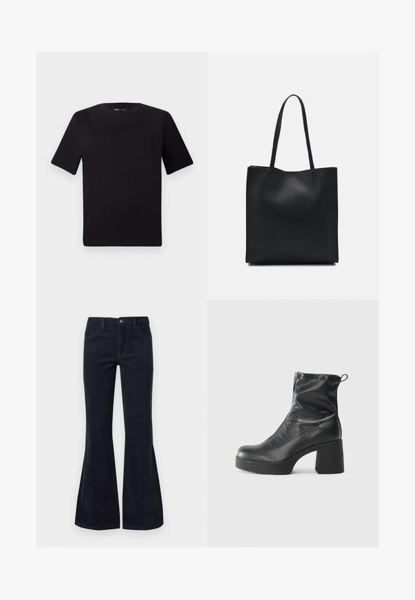 Μαύρο κοντομάνικο μπλουζάκι με στρογγυλή λαιμόκοψη, κατασκευασμένο από απαλό βαμβακερό ύφασμα. Απλός σχεδιασμός, χωρίς ορατά λογότυπα ή μοτίβα.; Φαρδιά σκούρα μπλε παντελόνια καμπάνα διαθέτουν ψηλή μέση, πέντε τσέπες και κουμπί κλεισίματος, με μαλακή υφή και ριμπ σχέδιο στην επιφάνεια.; Μαύρες μποτές μέχρι τον αστράγαλο από λείο δέρμα, με πλευρικό φερμουάρ, χοντρό υφασμάτινο τακούνι και στρογγυλή μύτη.; Μαύρη δερμάτινη τσάντα tote με λείο υφή, ορθογώνιο σχήμα και δύο μακριές λαβές. Χωρίς ορατό υλικό ή διακοσμητικά στοιχεία.