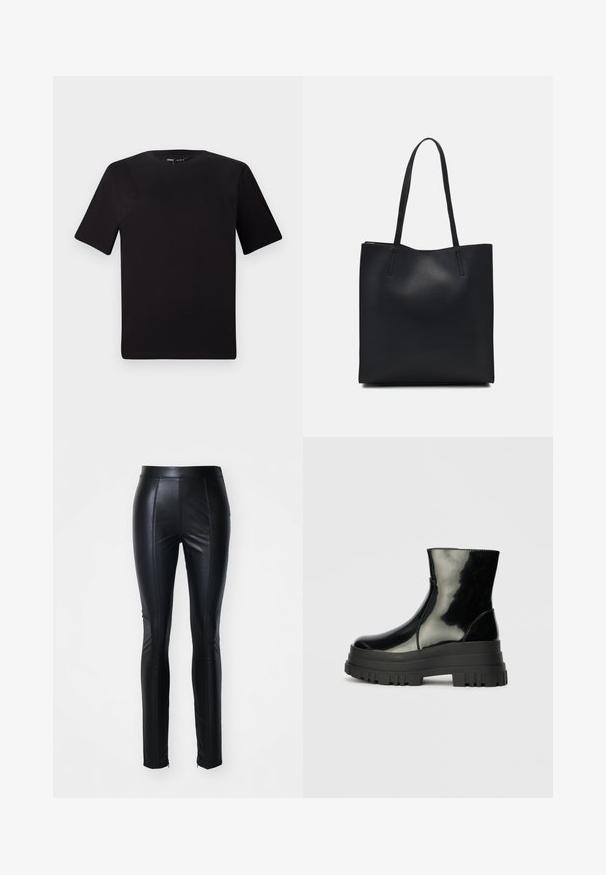 Must olema lühikeste varrukatega must t-särk ümmarguse kaelusega, valmistatud pehmest puuvillast kangast. Lihtne disain, ilma nähtavate logode või mustriteta.; Mustmust muströöpidega mustad faux nahast püksid, millel on sobiv disain, koos õmblusdetailidega ees ja lukud pahkluudel lisastiili jaoks.; Must mustakate läikiv ankle boot paksu lõkkeka üle ja ümarate varvastega, külgvaates halli ühtlase taustal.; Mustast nahast kott sujuva tekstuuriga, ristkülikukujuline ja kahe pika sangaga. Pole nähtavat riistvara ega kaunistusi.
