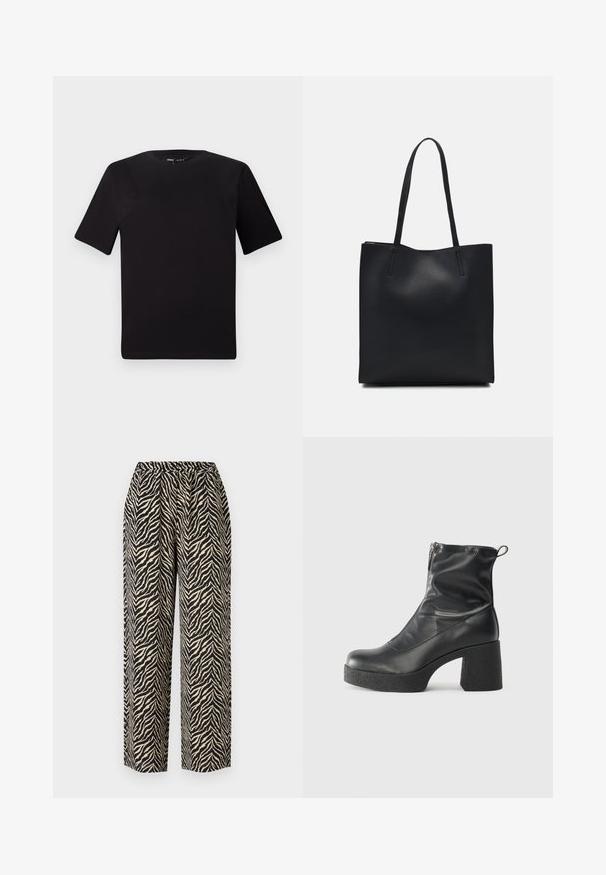 T-shirt noir à manches courtes avec un col rond, fabriqué en coton doux. Design simple, sans logos ni motifs visibles.; Pantalon large en tissu léger, présentant un motif rayé zèbre noir et beige avec une finition texturée. Taille élastique.; Bottes noires à la cheville en cuir lisse, dotées d'une fermeture éclair sur le côté, d'un talon épais texturé et d'une conception à bout rond.; Sac fourre-tout en cuir noir avec une texture lisse, de forme rectangulaire et deux longues poignées. Pas de matériel ou d'ornementations visibles.